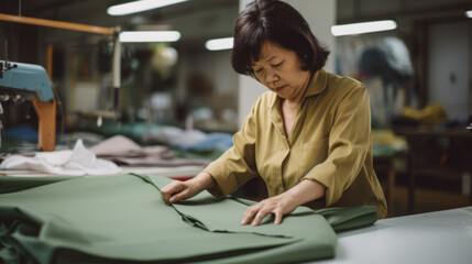 Seamstress or worker in Asian textile factory sewing with industrial sewing machine