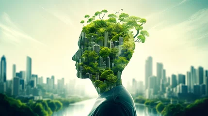 Foto op Plexiglas Thinking over sustainable environment and life in green city. Postproducted generative AI illustration. © LeArchitecto