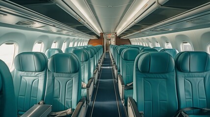 Naklejka premium Inside the aircraft, stewardesses in uniform are serving customers while sitting in their seats. Idea of commercial economy air services.
