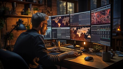 Obraz premium Observing charts and data analysis on many computer displays, the male stock trader trades online..