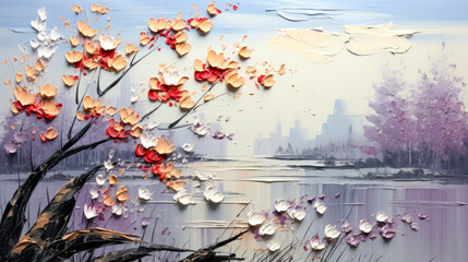 Abstract painting of flowers and trees on the lake with cityscape background.