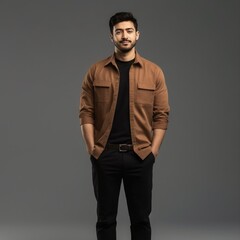 Fototapeta premium Stylish young man in a tan shirt and black pants A fictional character created by Generated AI. 