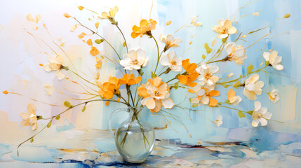 Bouquet of spring flowers in a vase on a blue background.