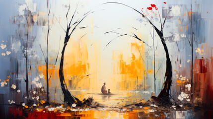 Abstract painting of a man sitting on a tree in the middle of a city.