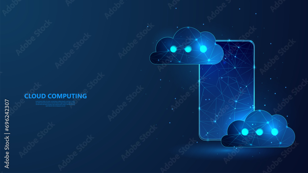 Poster Cloud computing technology concept. Cloud storage smartphone data. Low poly wireframe style technology background.