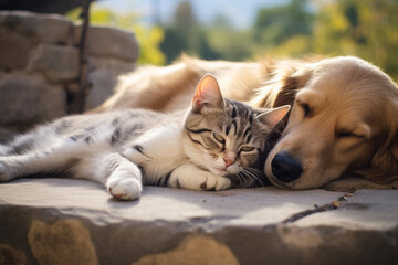 Fototapeta na wymiar a cat and a sleeping dog