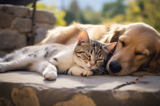 a cat and a sleeping dog
