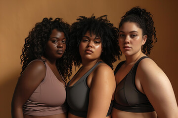 three plus sized diverse women in sports clothes on a pastel brown background, studio portrait, candid