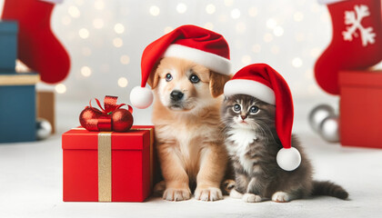 Fototapeta na wymiar Dogs and cats in Christmas-like outfits　クリスマスコスチュームの犬と猫
