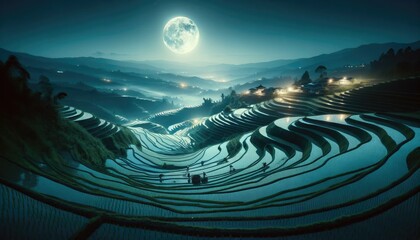 terraced rice fields under moon
