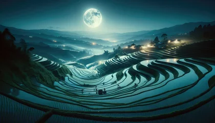 Deurstickers Rijstvelden terraced rice fields under moon
