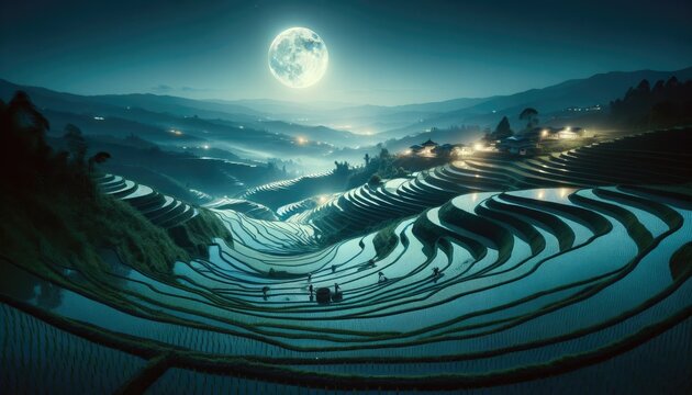 terraced rice fields under moon