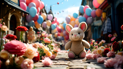 Rabbit doll with colorful balloons on the background of flower garden.