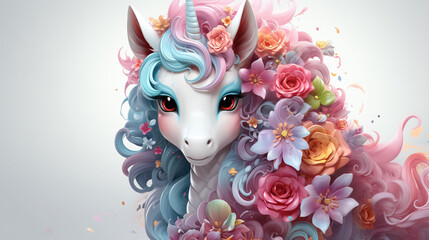 Magic fairy tale character unicorn with flowers in mane, 3d illustration for girls. Unicorn print for clothes, stationery, books, goods. Unicorn 3D character banner on white background.