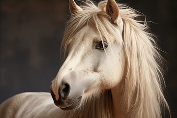 Close up portrait of a beautiful beige nighting horse made in studio light on a plain background. Banner, poster, postcard, wallpaper