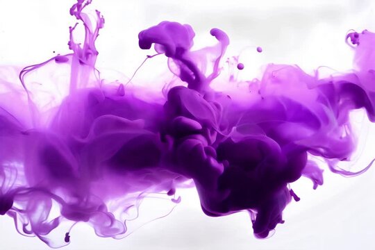 purple watercolour ink bleed splashing into water, white background
