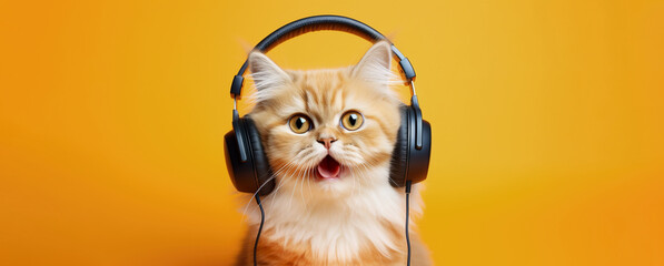 A funny cat listens to music on headphones and sings on a colored background, close-up muzzle.