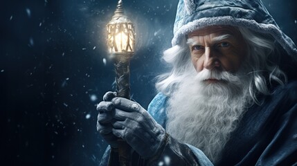 Obraz premium Dive into the enchanting atmosphere of Christmas with a close-up of Santa Claus, his white beard and mustache framed by the falling evening snow.