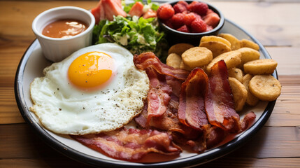 American breakfast plate with sunny-side-up egg, bacon, hash browns, and salad. collection of delicious food and breakfast theme