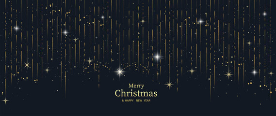 Luxury christmas and happy new year concept background vector. Elegant glittering gold christmas meteor decorated with twinkling star on dark blue background. Design for wallpaper, card, cover,poster. - obrazy, fototapety, plakaty