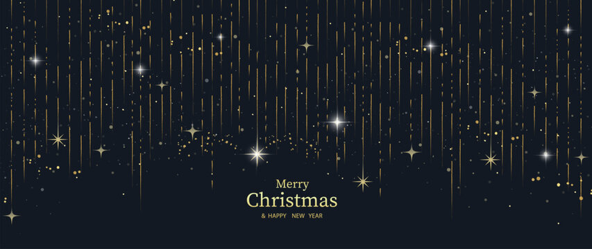 Luxury christmas and happy new year concept background vector. Elegant glittering gold christmas meteor decorated with twinkling star on dark blue background. Design for wallpaper, card, cover,poster.