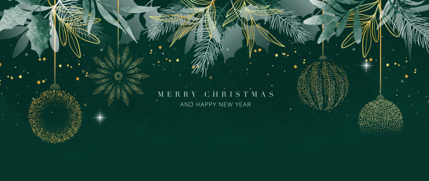 Luxury christmas and happy new year concept background vector. Elegant glittering gold christmas foliage decorated with ball on dark green background. Design for wallpaper, card, cover, poster.
