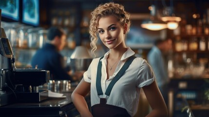 In the coffee haven, the counter becomes a stage for a charismatic blonde girl, a barista blending skill, style, and entrepreneurial spirit.