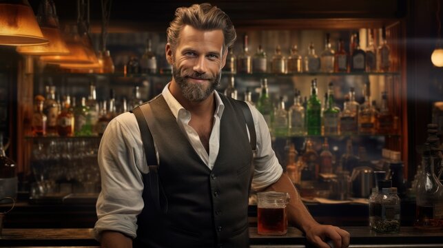 In The Realm Of Spirits, A Bearded And Mustachioed Bartender Grins From Behind The Bar, A Portrait Of Professionalism And Nocturnal Charm.