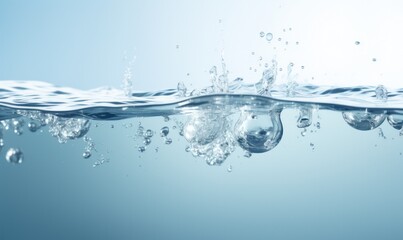 Water splash with bubbles on blue background. Water wave and air bubbles. 