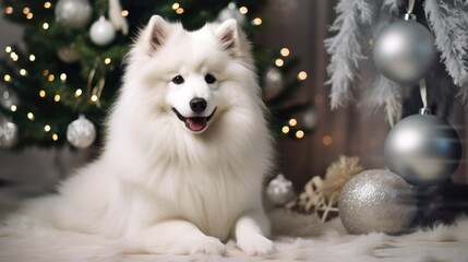 Fototapeta na wymiar Capturing the magic of Christmas, a lovable dog sits beside the tree, creating a heartwarming holiday atmosphere.
