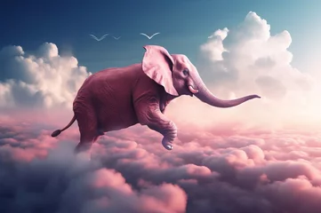 Foto op Aluminium Pink elephant flying. Originally and extraordinary artwork with fluffy clouds. Generate AI © nsit0108
