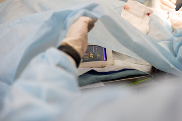 A veterinary anesthesiologist checks vital signs on a monitor in surgery. Monitor with...
