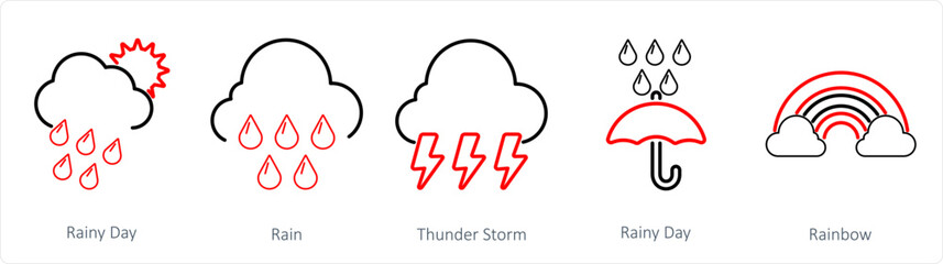 A set of 5 Mix icons as rainy day, rain, thunder storm