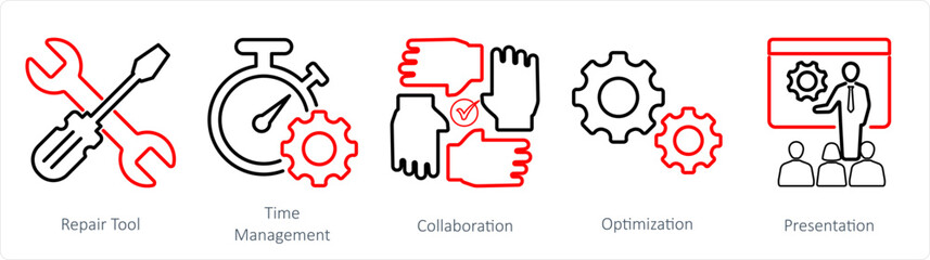A set of 5 Mix icons as repair tool, time management, hand tool 