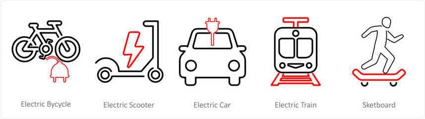 A set of 5 Mix icons as electric bicycle, electric scooter, electric car