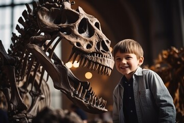 Cute little boy holding dinosaur skeleton in museum, looking at camera