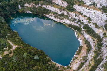 drone aerial view of an old abandoned quarry