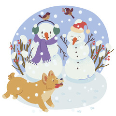 Сute snowmen in nature with a cheerful corgi dog