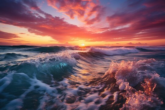 Ocean embrace sunset magnificence, beautiful sunrise image