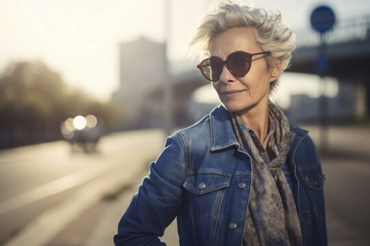 Portrait photography senior woman with sunglasses on roadway. Mature lady with short hairdo urban scene. Generate ai