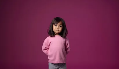 Fotobehang A little girl in pink standing in front of a purple wall © shelbys