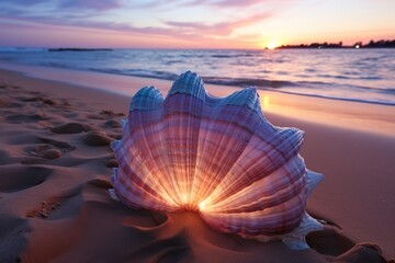 Seashell silhouette amidst sunset glow, beautiful sunrise image