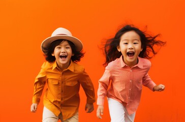 Little Kids Running and Laughing in a Field - obrazy, fototapety, plakaty
