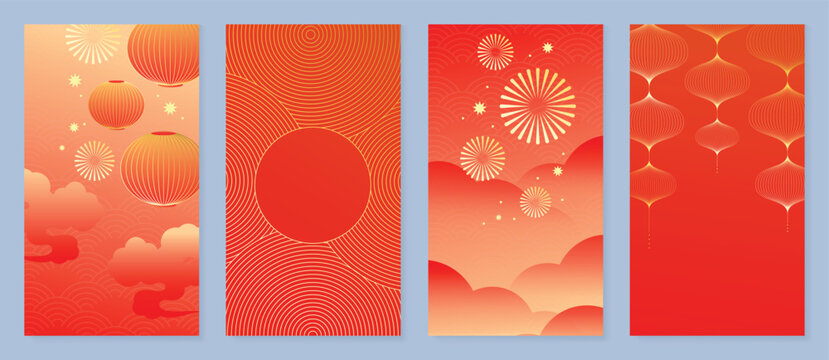 Chinese New Year 2024 card background vector. Year of the dragon design with golden lantern, firework, chinese pattern. Elegant oriental illustration for cover, banner, website, calendar, envelope.