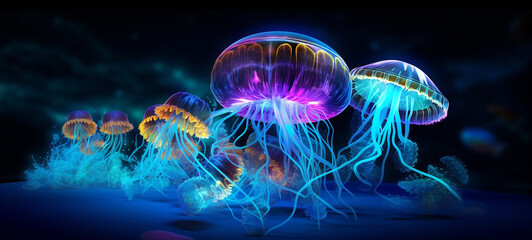 Obraz premium Image of Brightly Neon Glowing Jellyfish in the Water - Best-Selling Adobe Stock Image for Vibrant, Mesmerizing, and Captivating Underwater Visuals, Visual Art, Marine Scene, Elegant
