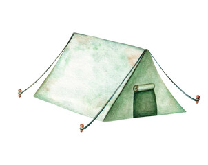Watercolor illustration of a tent isolated on a transparent background