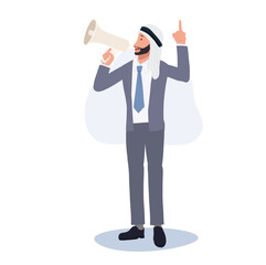Fototapeta premium Arab Businessman's Loud Marketing Communication Using Megaphone for Announcement