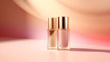 minimalist 3D pop art of a two small beauty product bottle. soft beige, shiny gold, light pink...