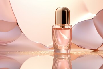 minimalist 3D pop art of a single small beauty product bottle. soft beige, shiny gold, light pink...