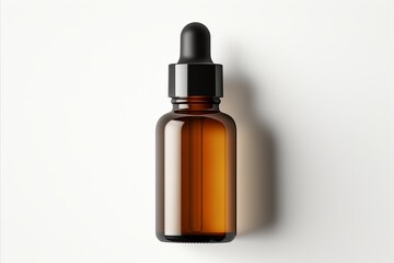 High Angle Shot of Brown Dropper Glass Bottle on Elegant White Podium. Skincare Concept